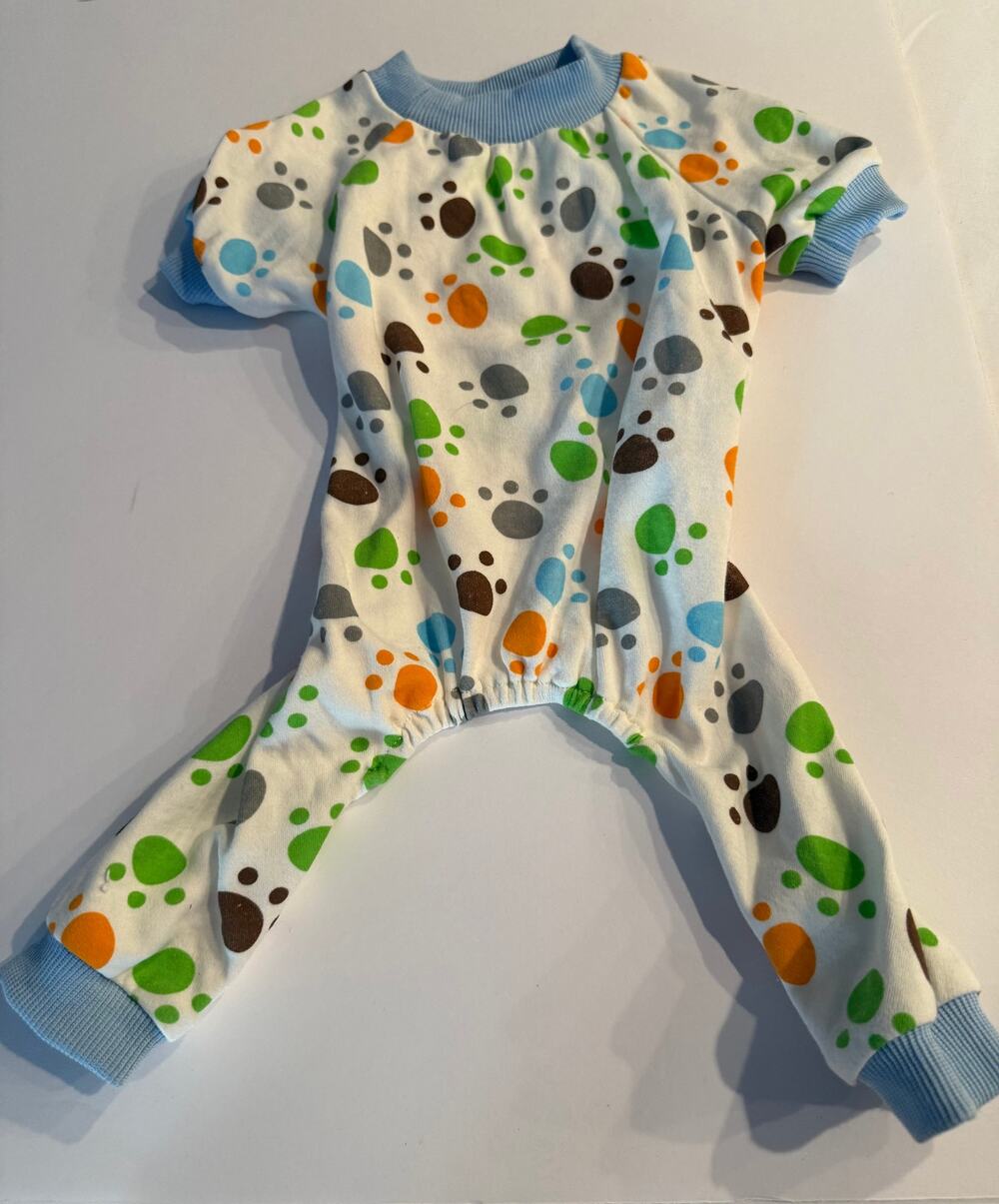Colorful Paw Print Dog Pajamas - Blue Trim Size L